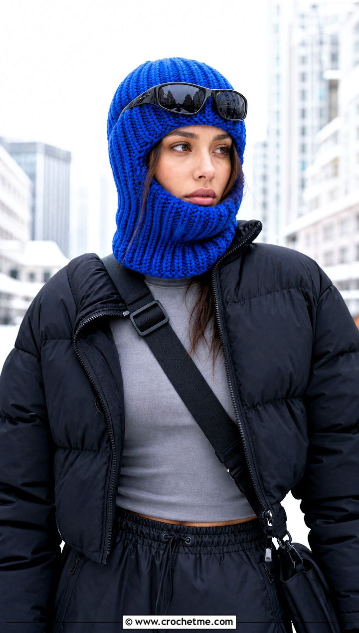 Chunky Ribbed Crochet Ski Mask With Puffer Jacket - 20 crochet balaclava ski mask outfit ideas
