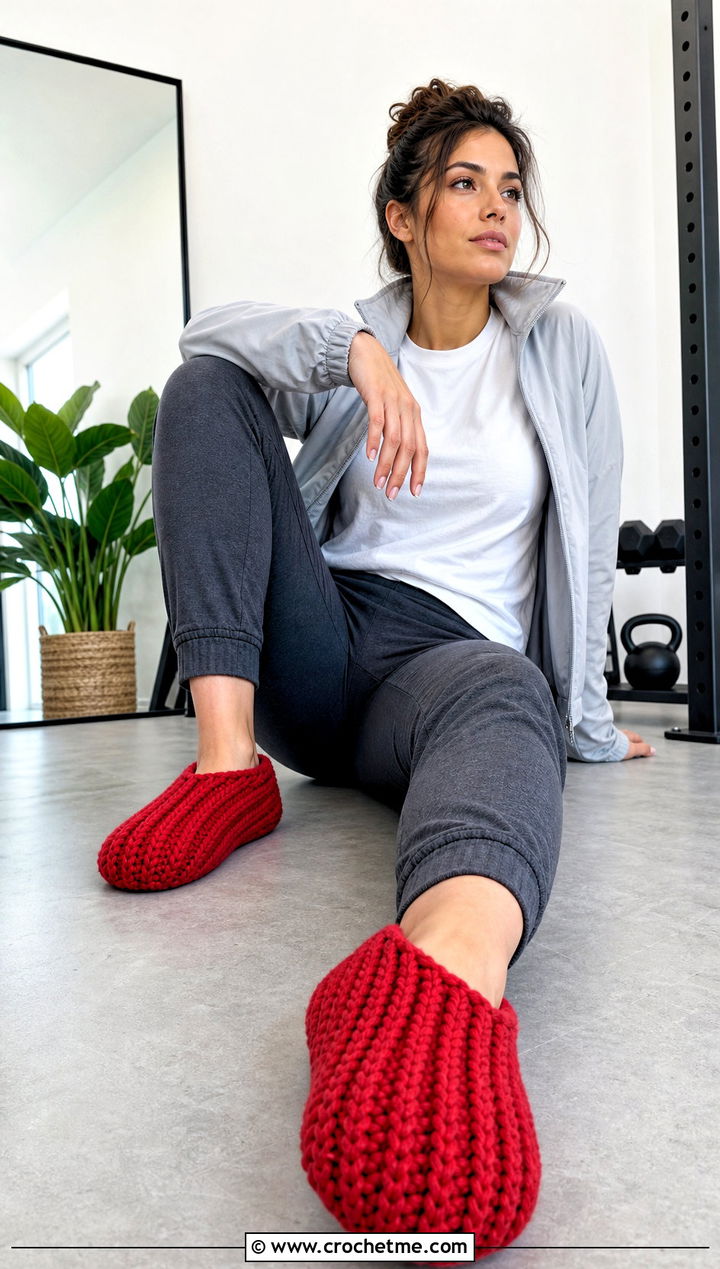 Chunky Ribbed Crochet Slippers With Joggers - 25 simple crochet slippers outfit ideas