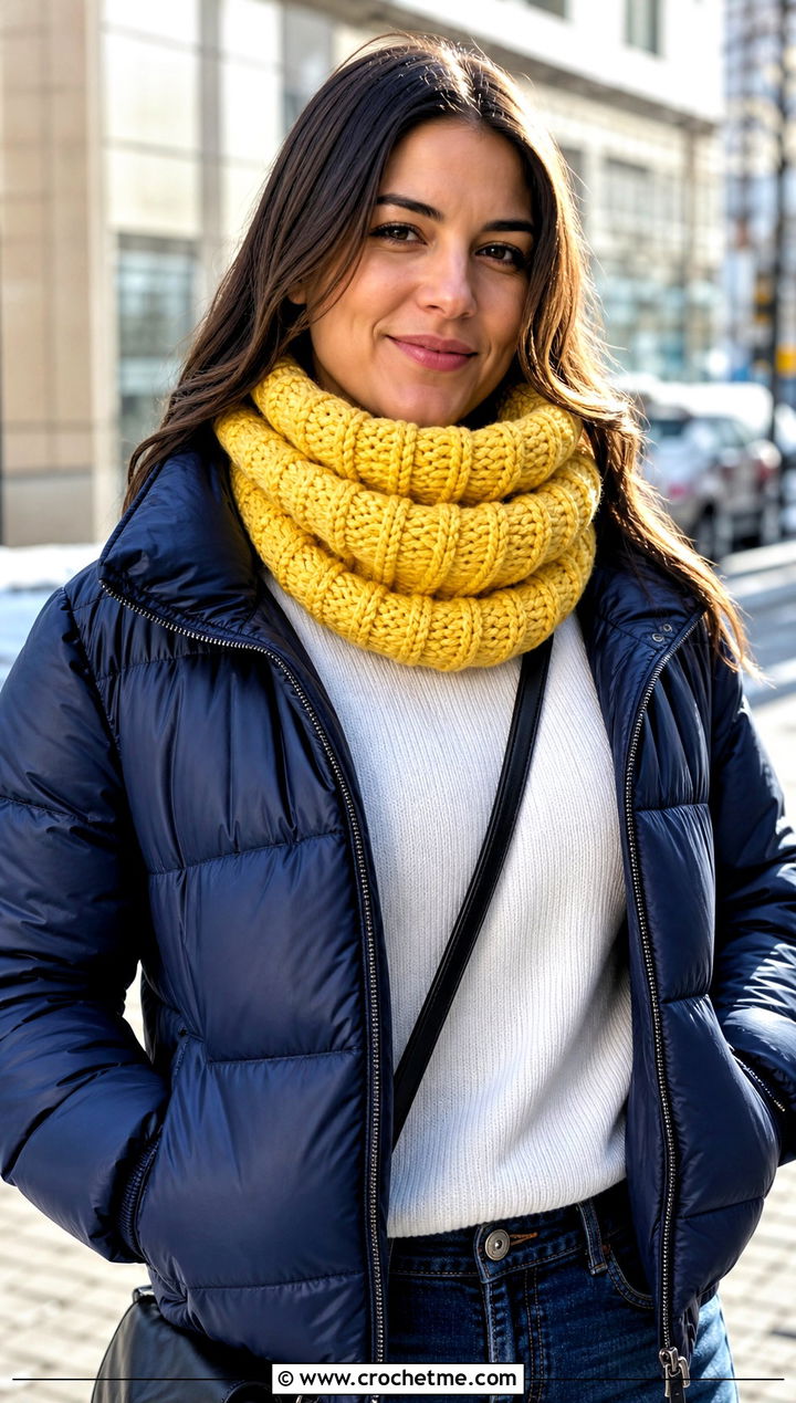 Chunky Ribbed Crochet Snood Cowl With Puffer Jacket - 20 crochet snood cowl outfit ideas