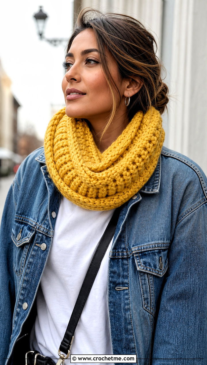 Chunky Ribbed Crochet Snood Scarf With Denim Jacket - 25 snood crochet scarf outfit ideas