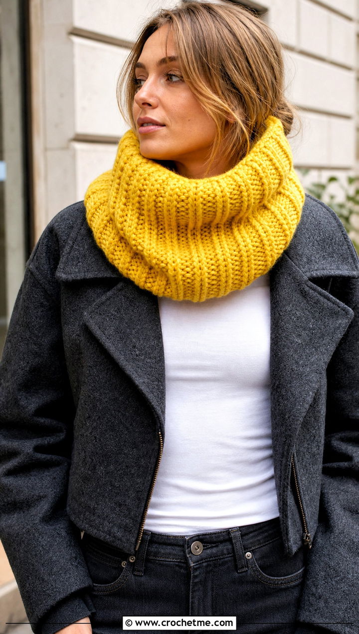 Chunky Ribbed Crochet Snood Scarf With Straight Leg Jeans - 25 crochet snood scarf outfit ideas