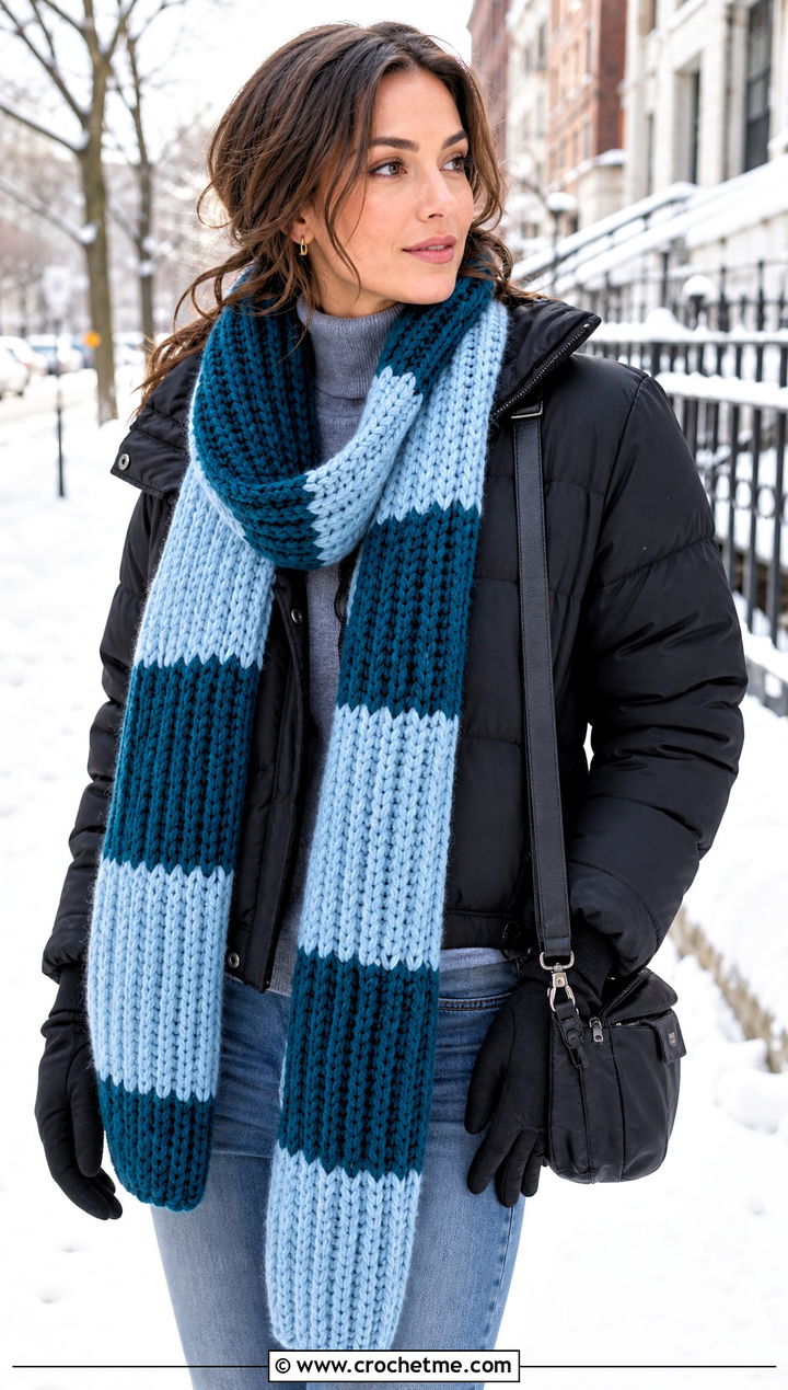 Chunky Ribbed Crochet Striped Scarf With Puffer Coat - 25 crochet striped scarf outfit ideas