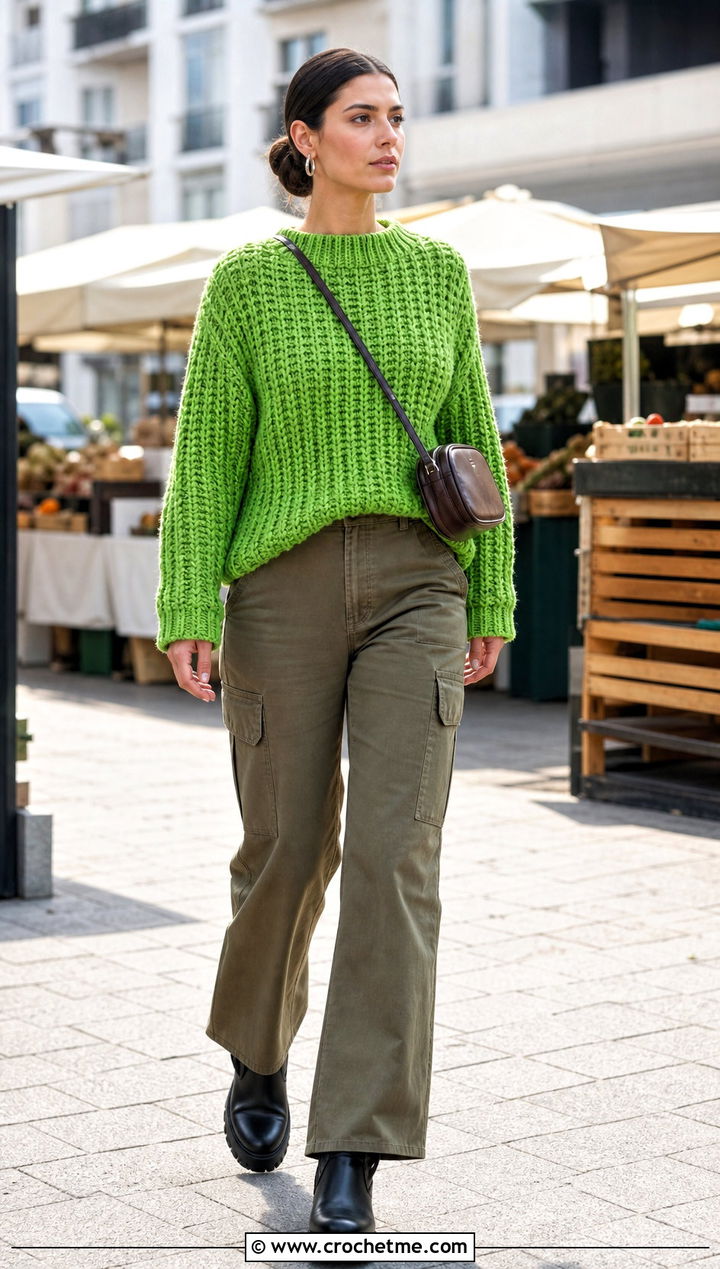 Chunky Ribbed Crochet Sweater With Cargo Pants - 25 Ribbed Crochet Sweater outfit ideas