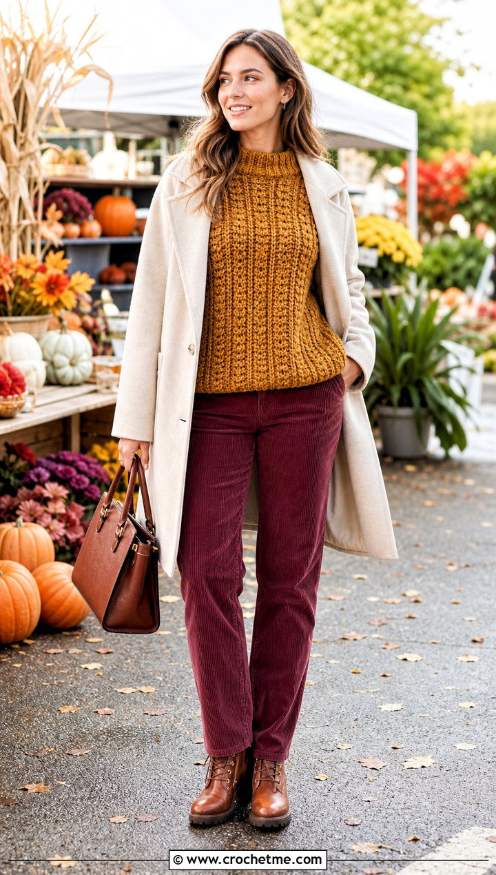 Chunky Ribbed Crochet Sweater With Corduroy Pants - 35 crocheted sweaters outfit ideas