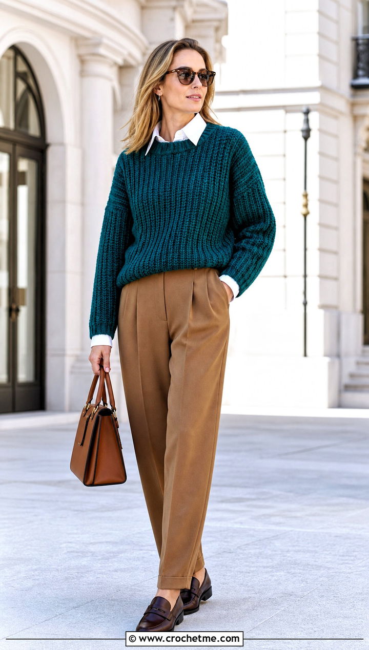 Chunky Ribbed Crochet Sweater With Pleated Trousers - 15 Simple Crochet Sweater Design outfit ideas