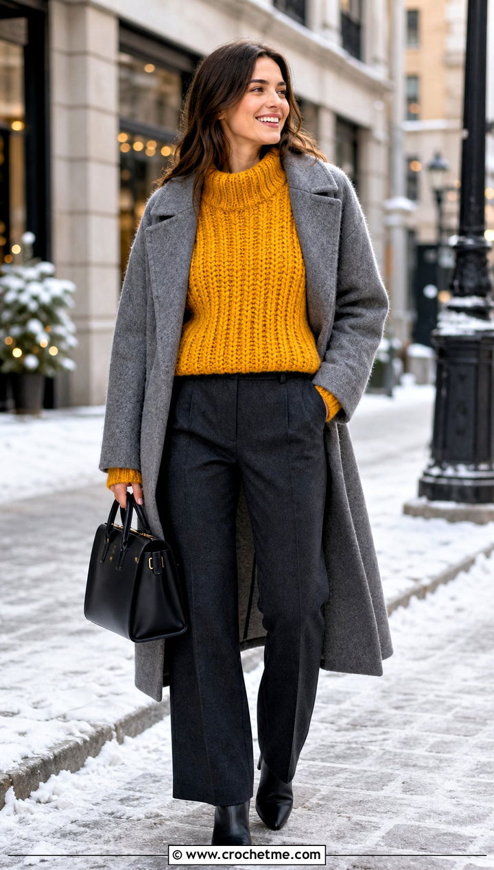 Chunky Ribbed Crochet Sweater With Wool Trousers - 30 cool crochet sweater outfit ideas