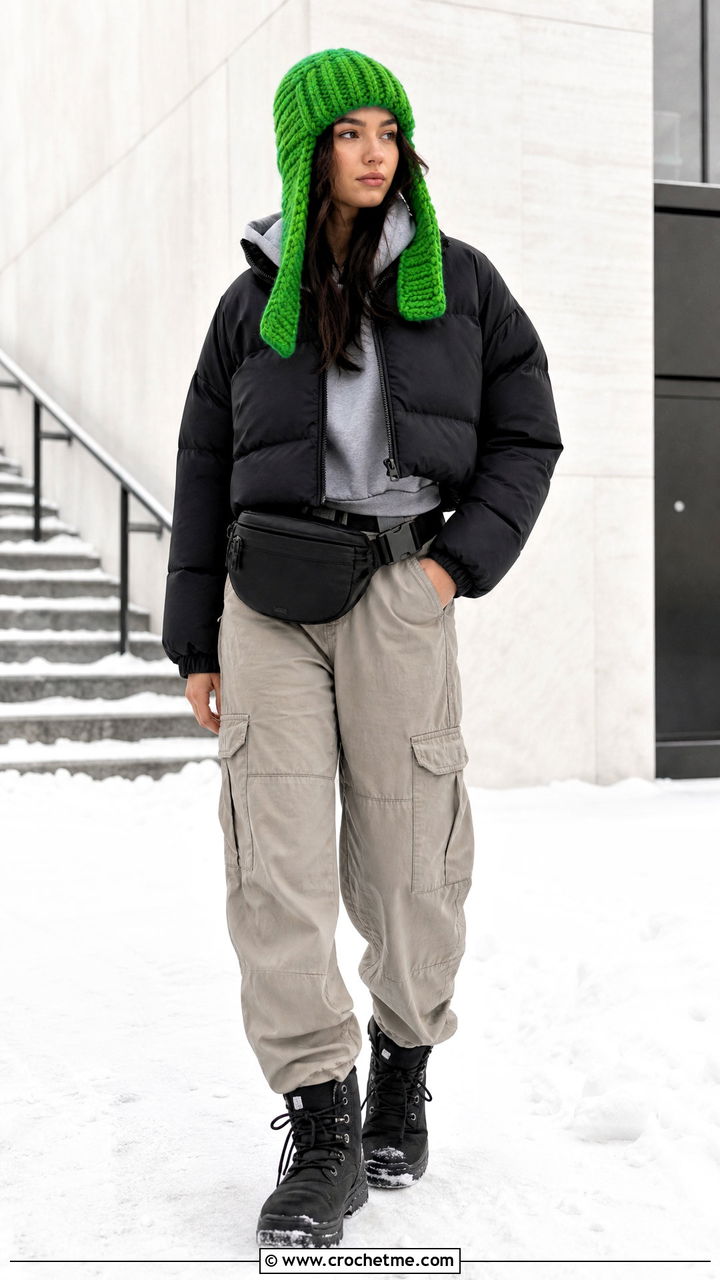 Chunky Ribbed Crochet Trapper Hat With Puffer Jacket - 35 Crochet Trapper Hat outfit ideas