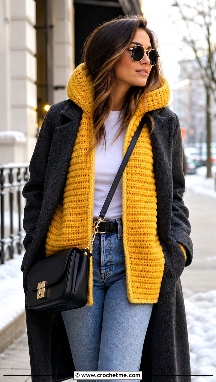 Chunky Ribbed Crochet Turtle Neck Hoodie With Straight Leg Jeans - 30 crochet turtle neck hoodie outfit ideas