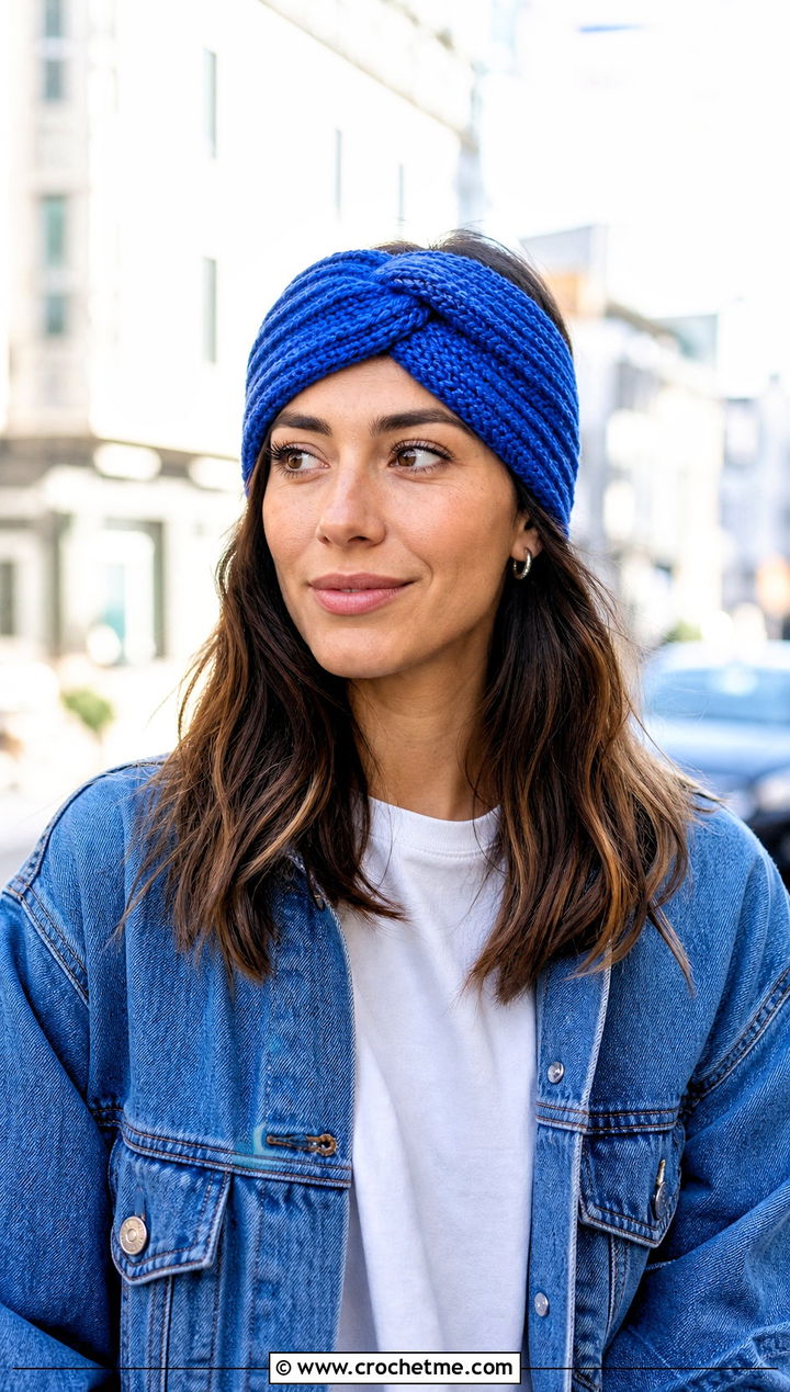 Chunky Ribbed Crochet Twist Headband With Denim Jacket - 30 crochet twist headband outfit ideas