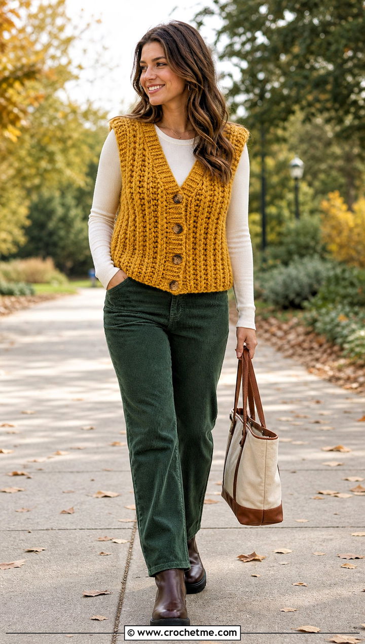 Chunky Ribbed Crochet Vest With Corduroy Pants - 15 Crochet Fall Vest outfit ideas