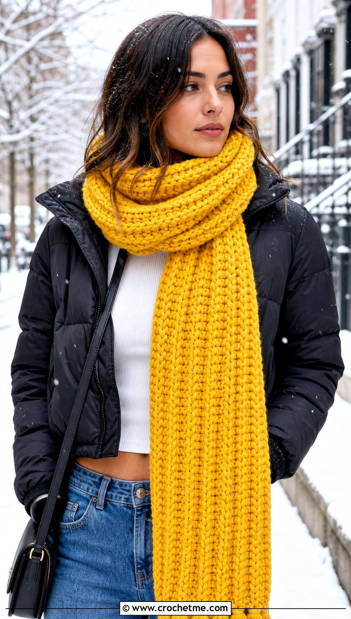 Chunky Ribbed Crochet Winter Scarf With Puffer Coat - 35 crochet winter scarf outfit ideas