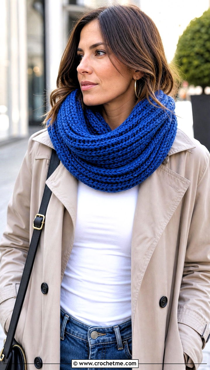 Chunky Ribbed Crocheted Infinity Scarf With Jeans and Trench Coat - 15 Easy Crocheted Infinity Scarf outfit ideas
