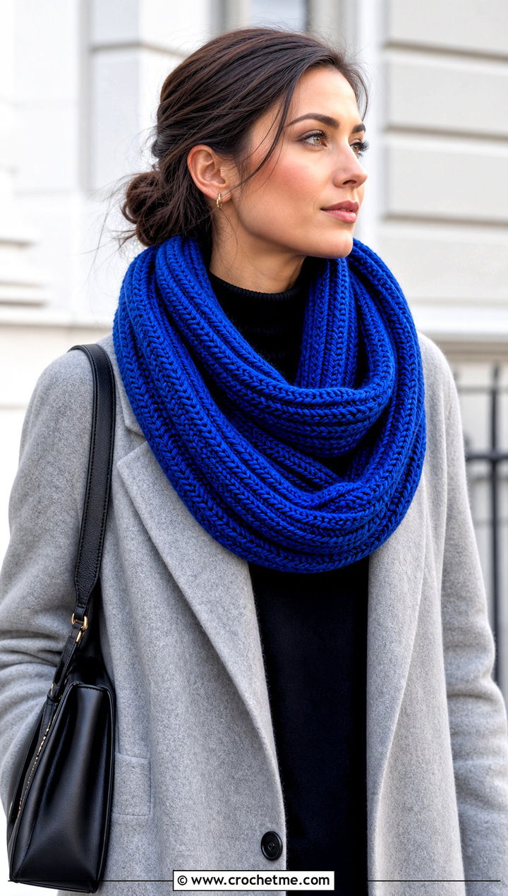 Chunky Ribbed Crocheted Infinity Scarf With Wool Coat - 25 Crocheted Infinity Scarf outfit ideas