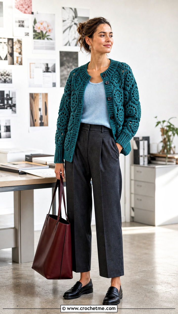 Chunky Ribbed Cuff Hexagon Cardigan With Tailored Trousers - 30 chunky crochet hexagon cardigan outfit ideas