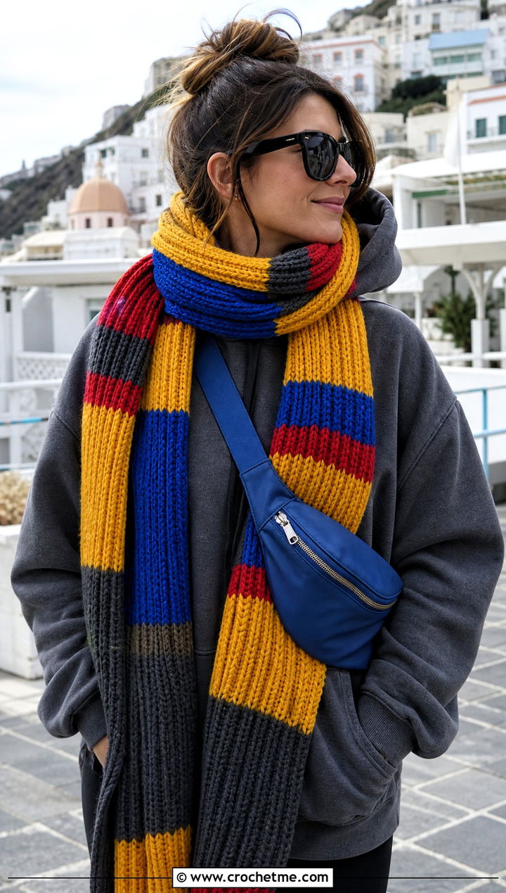 Chunky Ribbed Doctor Who Crochet Scarf With Hoodie And Leggings - 25 Doctor Who Crochet Scarf outfit ideas
