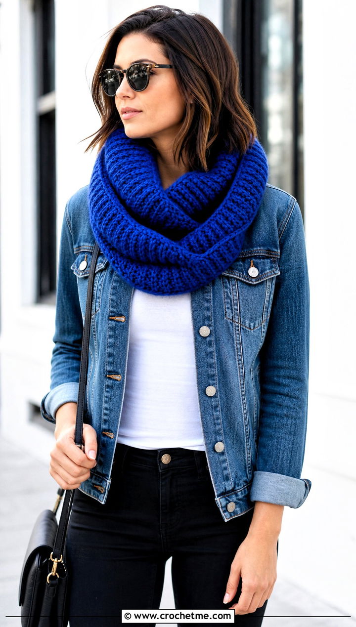 Chunky Ribbed Double Length Crochet Cowl With Denim Jacket - 15 Double Length Crochet Cowl outfit ideas