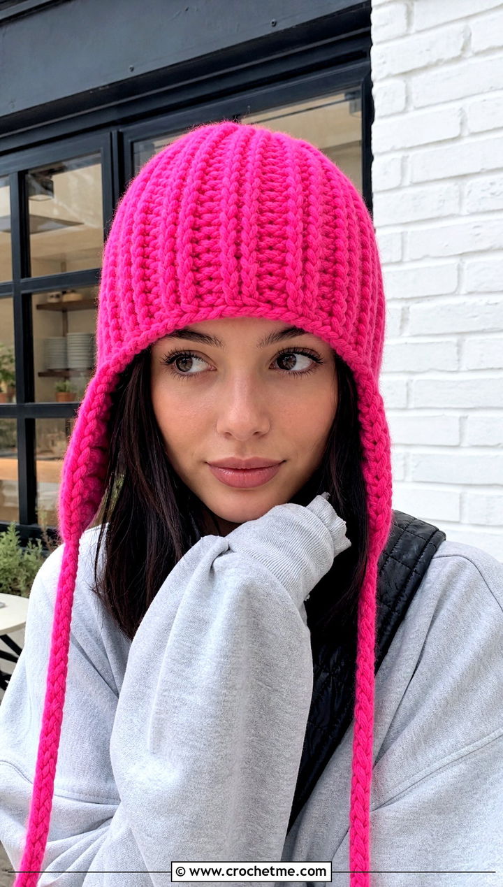 Chunky Ribbed Ear Flap Beanie With Sweatshirt - 30 crochet ear flap beanie outfit ideas