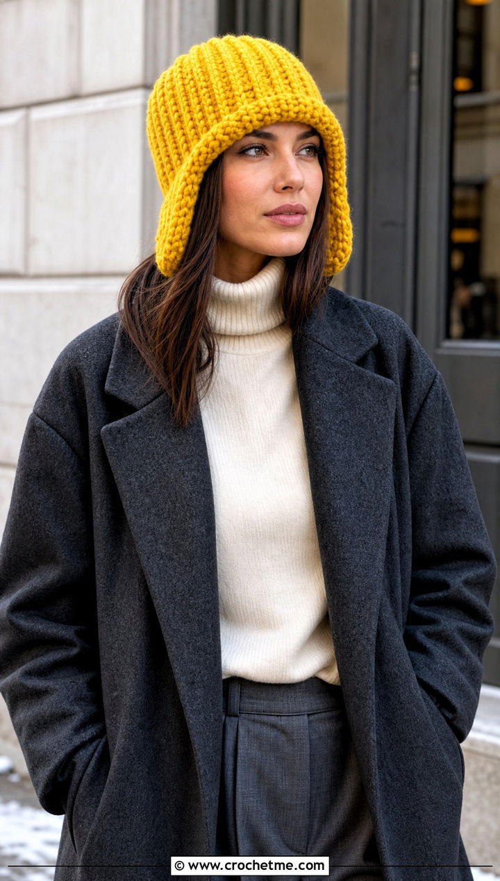 Chunky Ribbed Ear Flap Hat With Wool Coat - 25 crochet ear flap hat outfit ideas