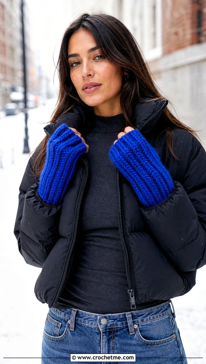 Chunky Ribbed Fingerless Gloves With Puffer Jacket - 25 Crochet Fingerless Gloves Bulky Yarn outfit ideas