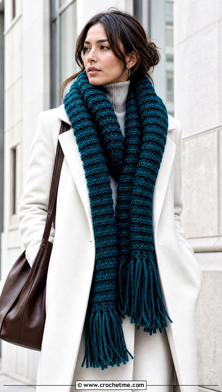 Chunky Ribbed Fringe Scarf With Wool Coat - 25 Crochet Scarf Fringe Ideas