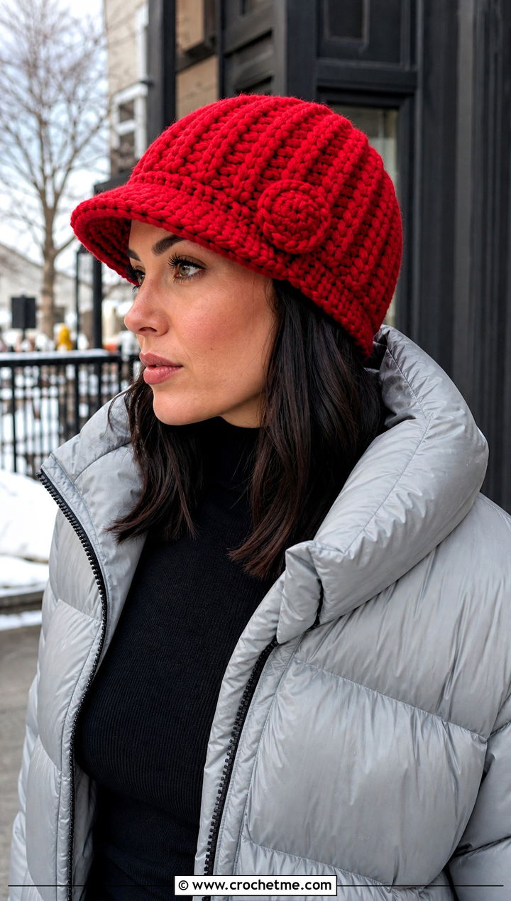 Chunky Ribbed Gatsby Crochet Hat With Puffer And Leggings - 15 Gatsby Crochet Hat outfit ideas