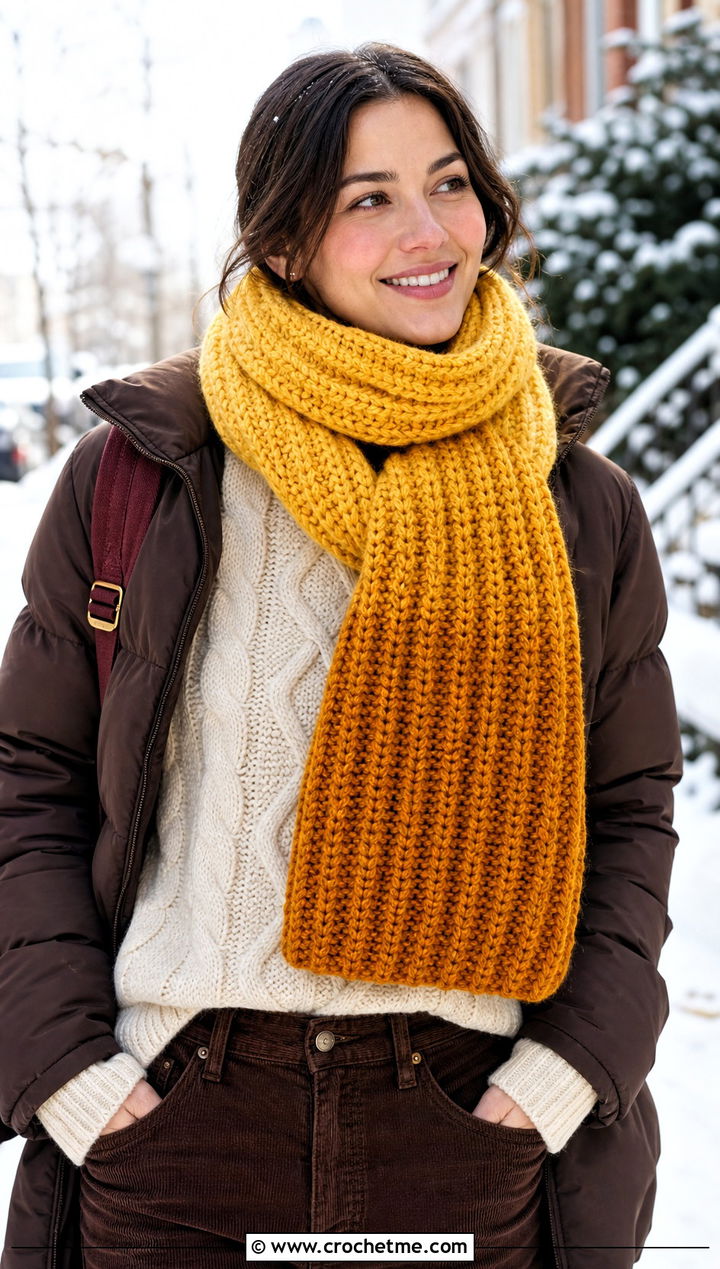 Chunky Ribbed Gradient Crochet Scarf With Puffer Coat - 25 gradient crochet scarf outfit ideas