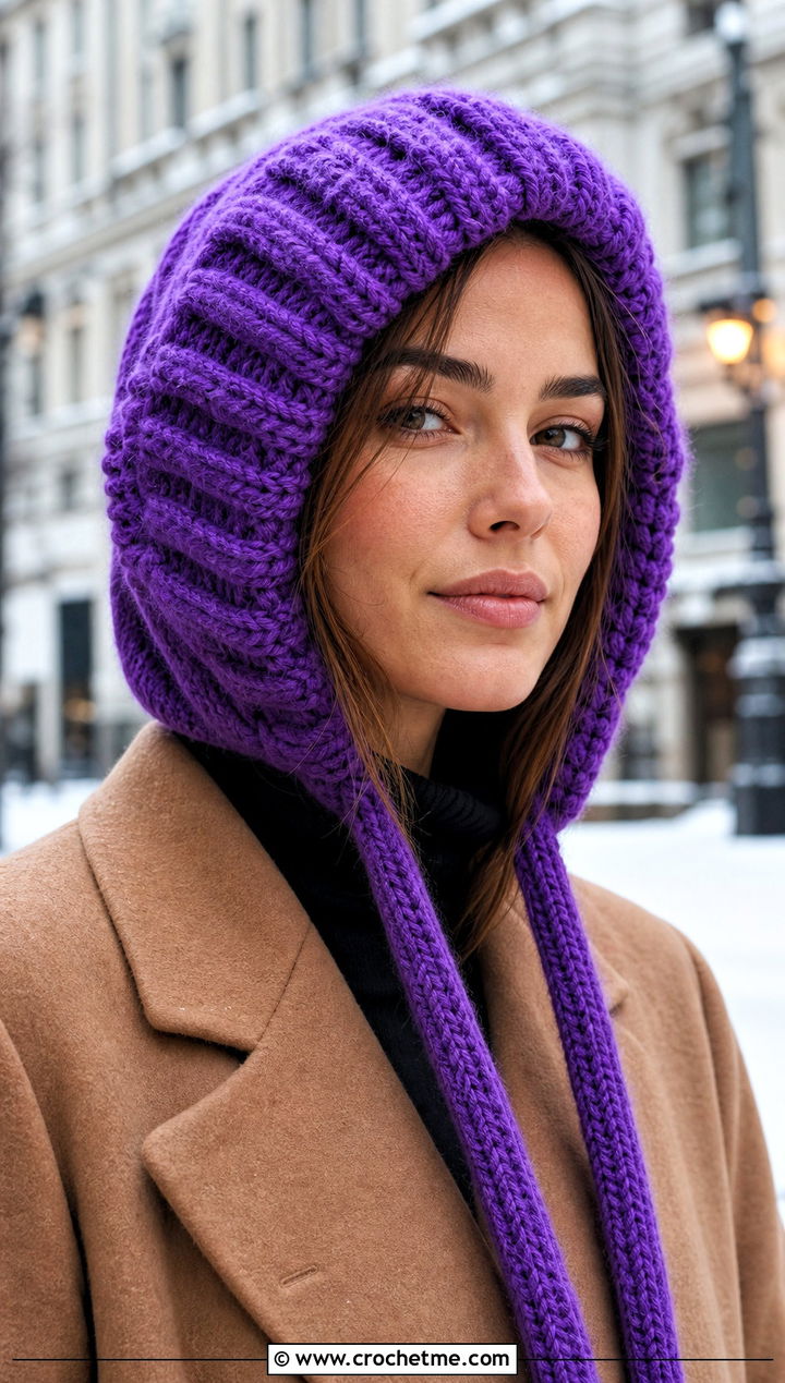 Chunky Ribbed Hood Bonnet With Wool Coat - 25 Crochet Hair Bonnet outfit ideas
