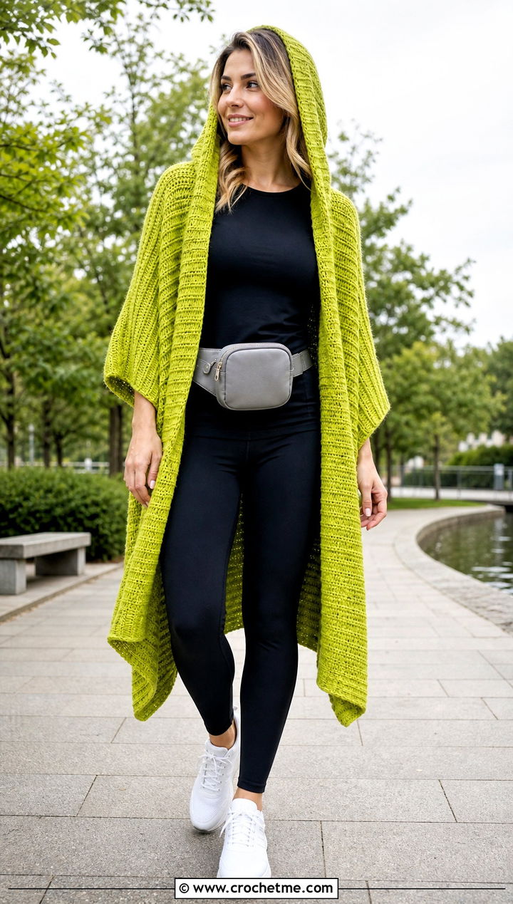 Chunky Ribbed Hooded Crochet Ruana With Leggings - 20 Hooded Crochet Ruana outfit ideas