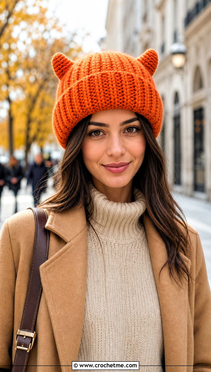 Chunky Ribbed Horned Beanie With Sweater Dress - 20 Crochet Horned Beanie outfit ideas