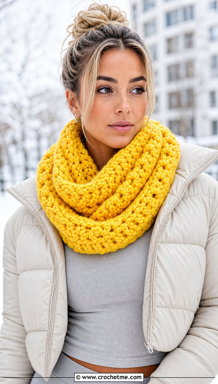 Chunky Ribbed Infinity Crochet Scarf With Puffer Jacket - 25 super crochet scarf outfit ideas