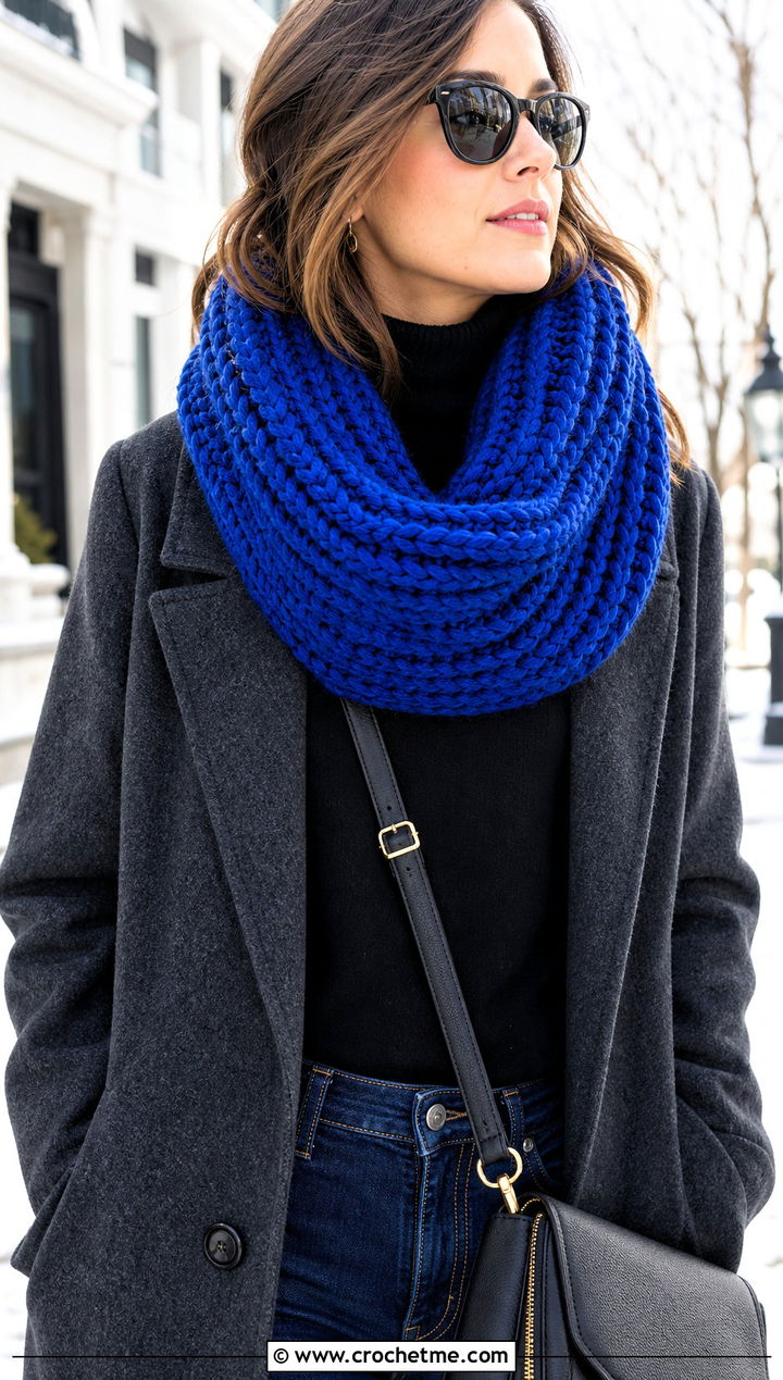 Chunky Ribbed Infinity Crochet Scarf With Wool Coat - 15 Infinity Crochet Scarf outfit ideas