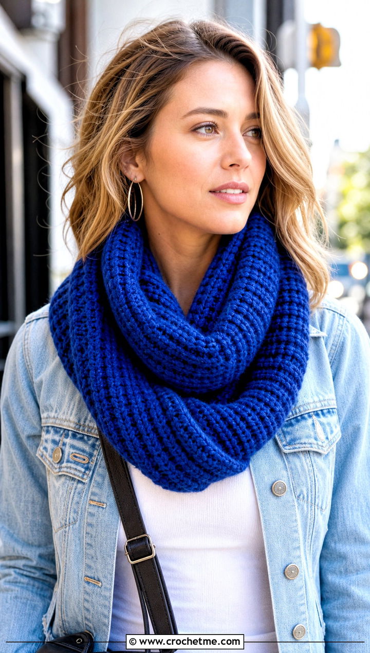 Chunky Ribbed Infinity Scarf With Denim Jacket - 15 wool ease crochet scarf outfit ideas