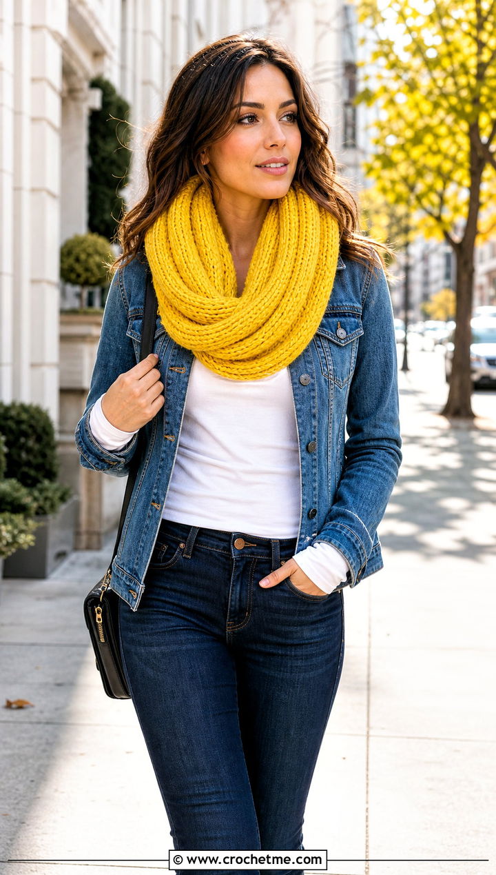 Chunky Ribbed Infinity Scarf With Denim Jacket - 15 One Skein Crochet Infinity Scarf outfit ideas