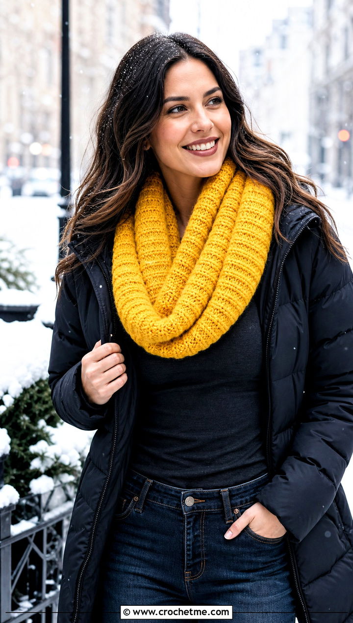 Chunky Ribbed Infinity Scarf With Puffer Coat - 30 easy crochet infinity scarf outfit ideas