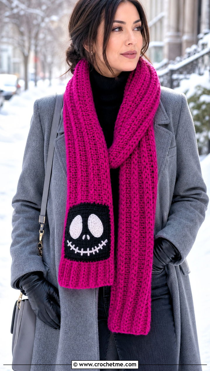 Chunky Ribbed Jack Skellington Crochet Scarf With Wool Coat - 20 Crochet Jack Skellington Scarf outfit ideas