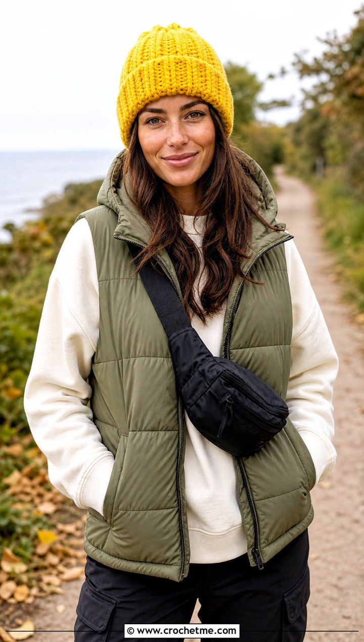 Chunky Ribbed Knit Look Crochet Beanie With Puffer Vest - 20 Crochet Beanie That Looks Like Knit outfit ideas