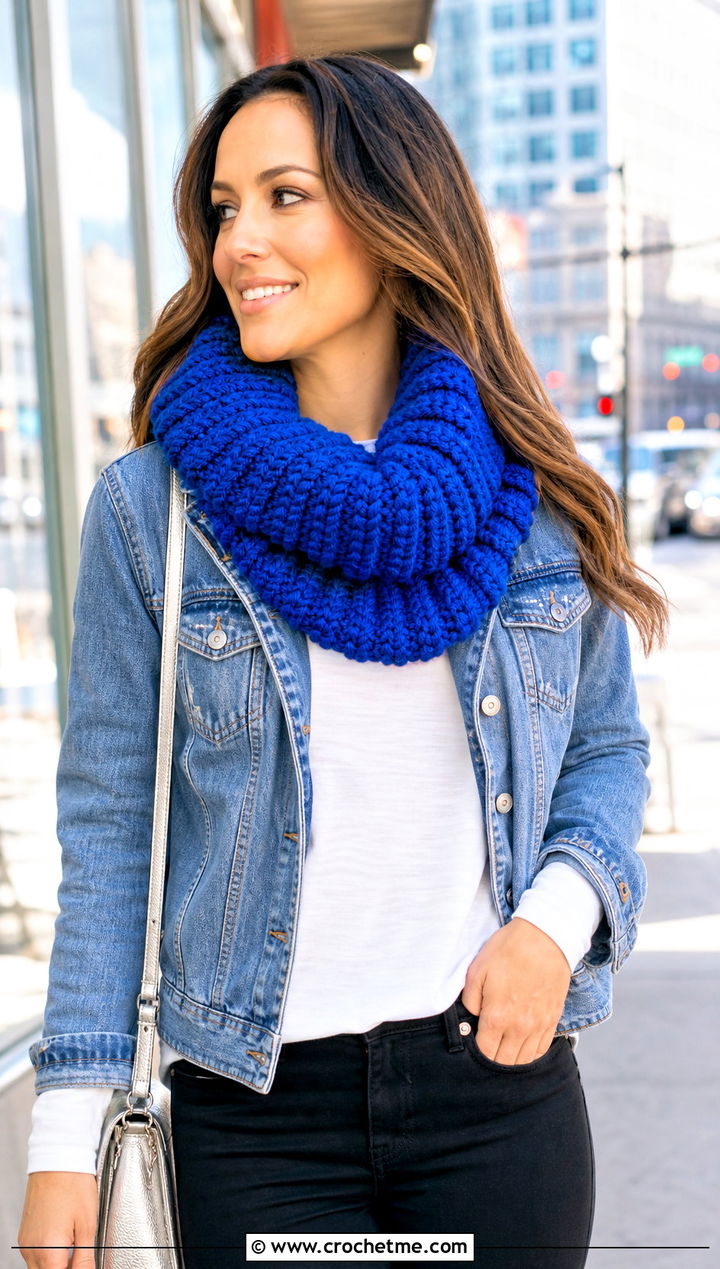 Chunky Ribbed Loop Cowl With Denim Jacket - 20 Crochet Ribbed Cowl outfit ideas