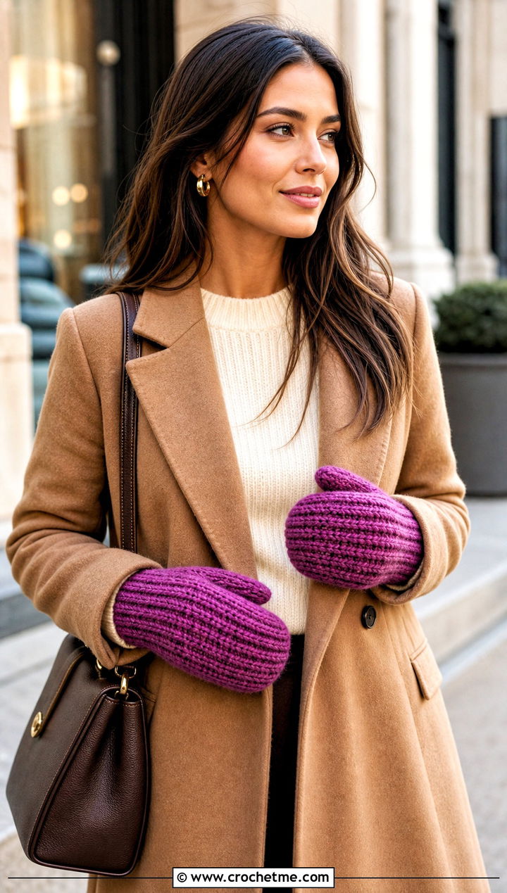 Chunky Ribbed Mittens With Wool Coat - 15 Crochet Ribbed Mittens outfit ideas