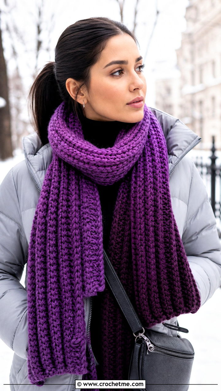 Chunky Ribbed Ombre Crochet Scarf With Puffer Jacket - 25 Ombre Crochet Scarf outfit ideas