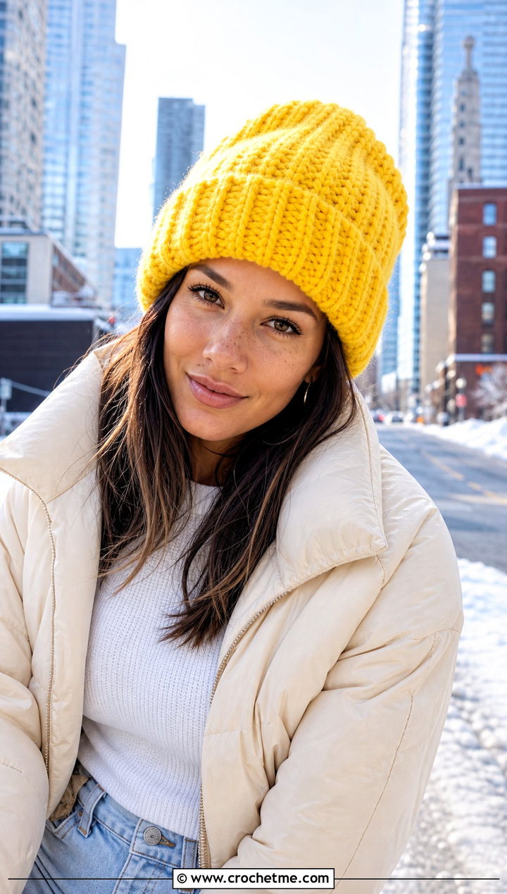 Chunky Ribbed Oversized Crochet Beanie With Puffer Jacket - 15 Oversized Crochet Beanie outfit ideas
