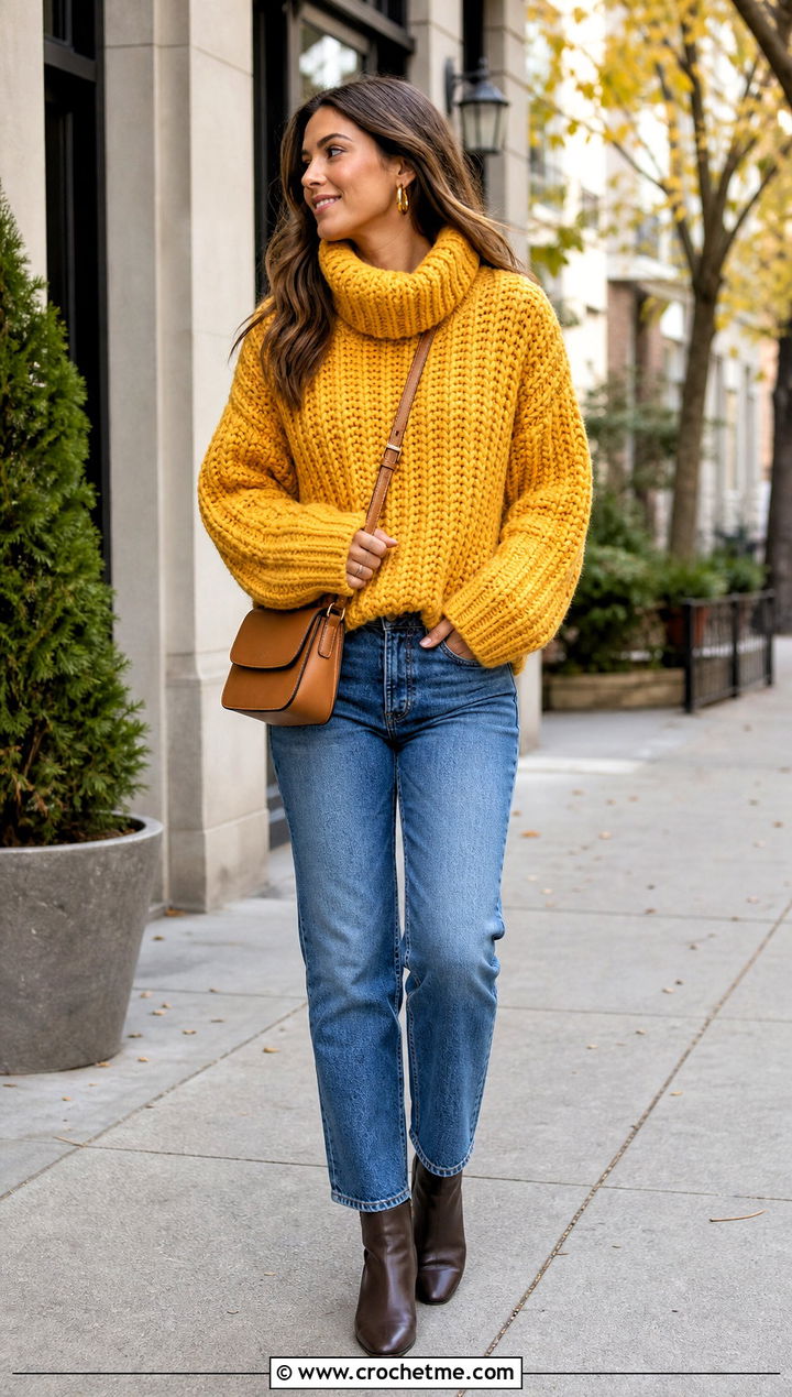 Chunky Ribbed Oversized Turtleneck Crochet Sweater With Straight Leg Jeans - 15 oversized turtleneck crochet sweater outfit ideas