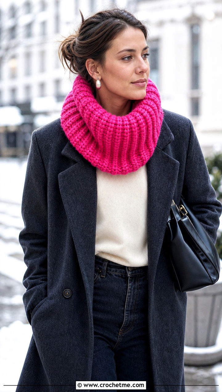 Chunky Ribbed Pink Crochet Cowl With Wool Coat - 15 pink crochet cowl outfit ideas