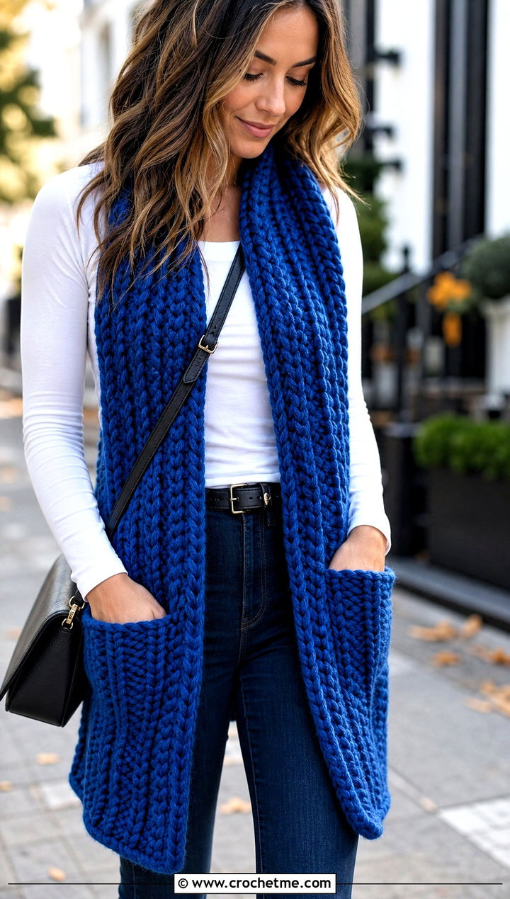 Chunky Ribbed Pocket Scarf With Straight Leg Jeans - 25 crochet pocket scarves outfit ideas