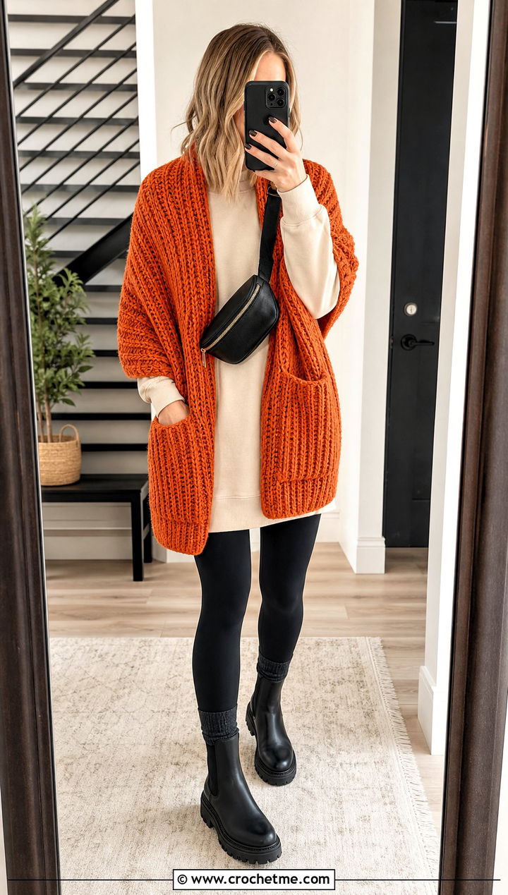 Chunky Ribbed Pocket Shawl With Leggings - 15 Crochet Shawls And Wraps With Pockets outfit ideas
