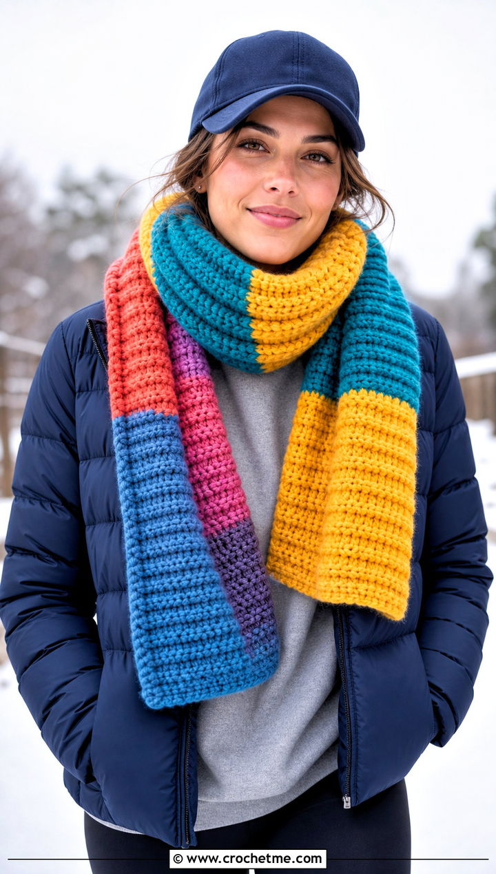 Chunky Ribbed Rainbow Scarf With Puffer Jacket And Leggings - 15 Crochet Rainbow Scarf outfit ideas