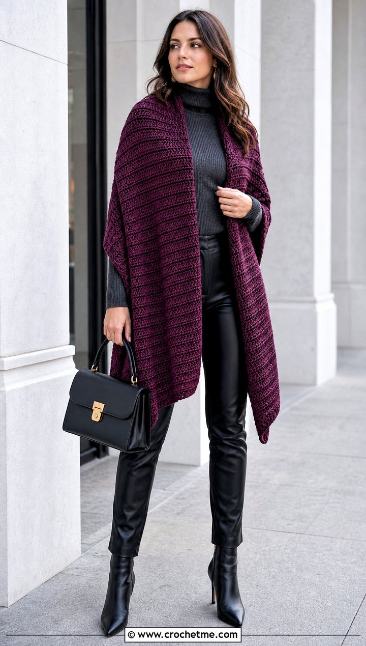Chunky Ribbed Rectangle Crochet Shawl With Leather Pants - 20 Rectangle Crochet Shawl outfit ideas