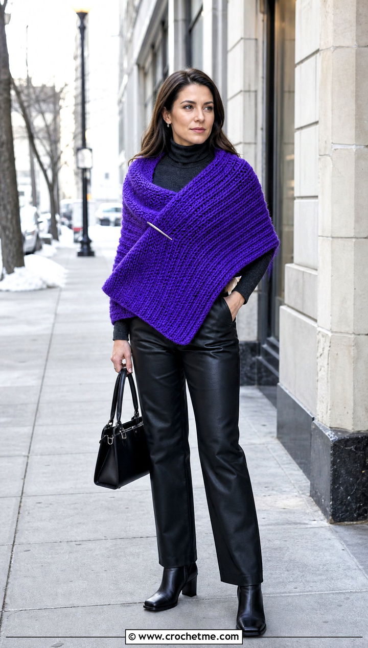 Chunky Ribbed Rectangle Crochet Shawl With Leather Pants - 25 Easy Rectangle Crochet Shawl outfit ideas