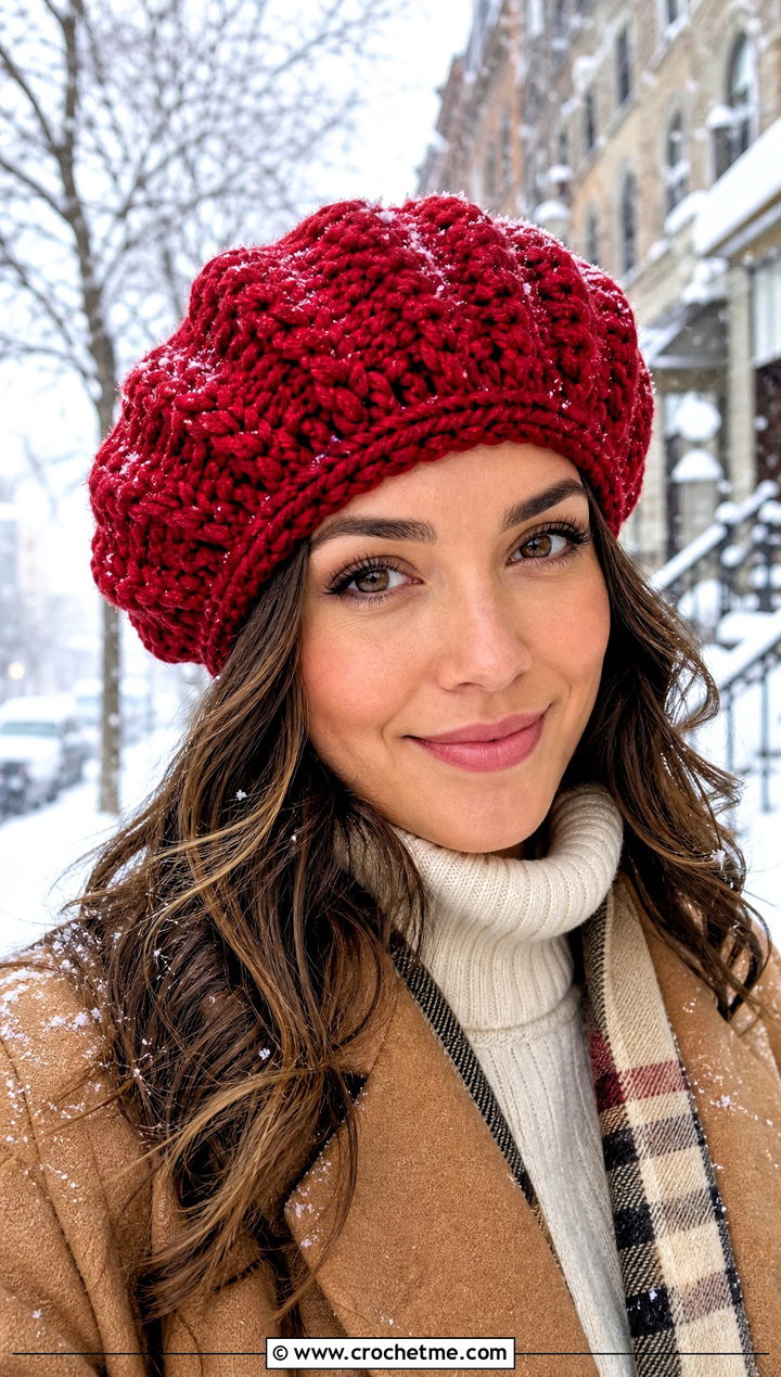 Chunky Ribbed Red Crochet Beret With Winter Coat - 15 red crochet beret outfit ideas