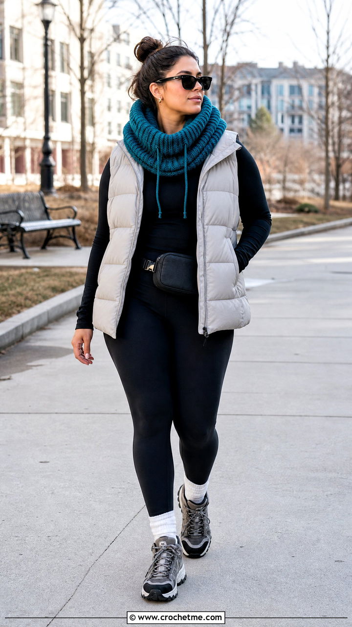 Chunky Ribbed Scoodie With Leggings And Puffer Vest - 35 crochet hooded scarf outfit ideas