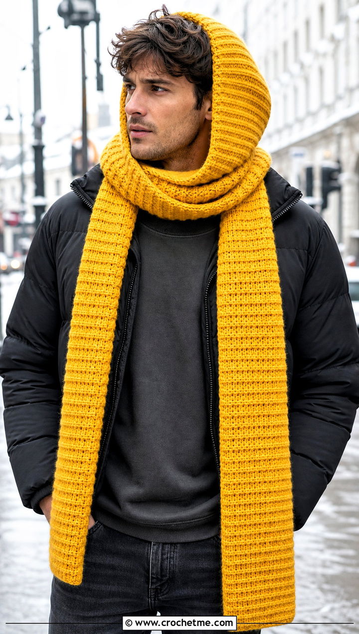 Chunky Ribbed Scoodie With Puffer Jacket - 20 Crochet Hooded Scarf For Men outfit ideas